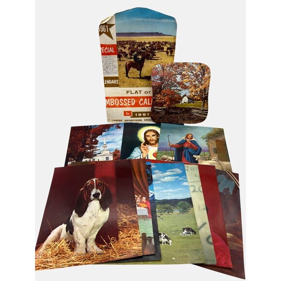 Vintage 1961 Embossed Calendar Page Samples Lithograph Prints & Cardboard Fan - Picture 1 of 6